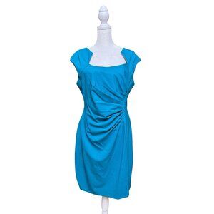 Dana Buchman Teal Ruched Sheath Dress 12 Cap Sleeve Career Cocktail Midi